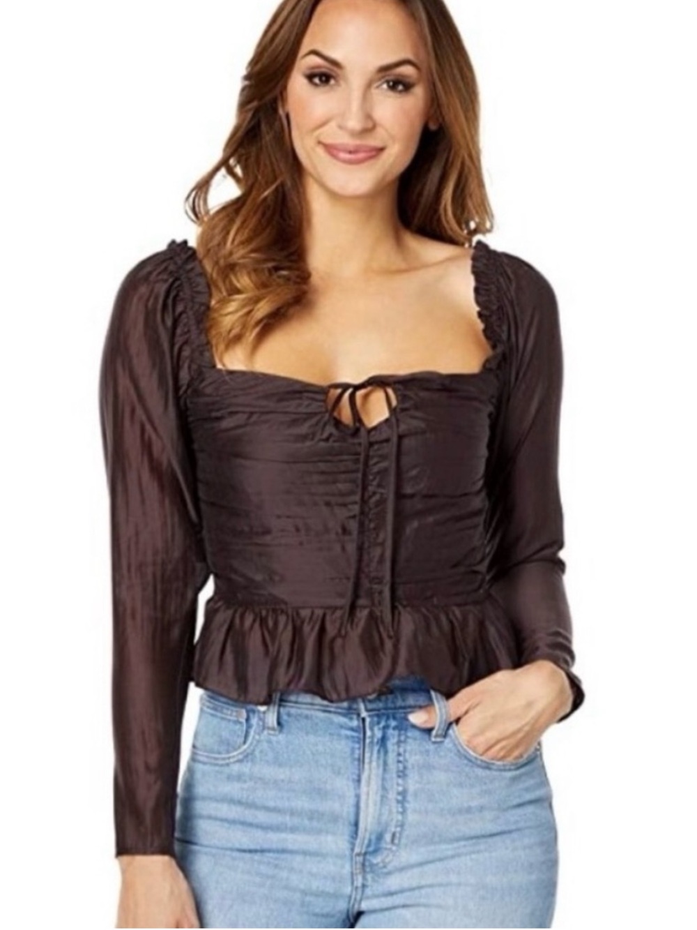 Wayf Brown Ruched Square-Neck Tie-Front Long Sleeve Top